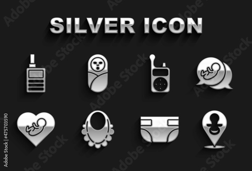 Set Baby bib, dummy pacifier, absorbent diaper, inside heart, Monitor Walkie Talkie, and Newborn baby infant swaddled icon. Vector