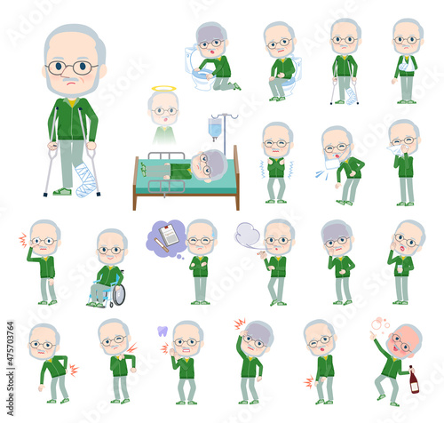 怪我や病気の状態の緑ジャージ白人高齢男性のセット