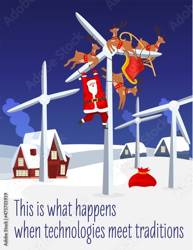 Humoristic Christmas postcard. Santa Claus with his deers got lost in the windmill.