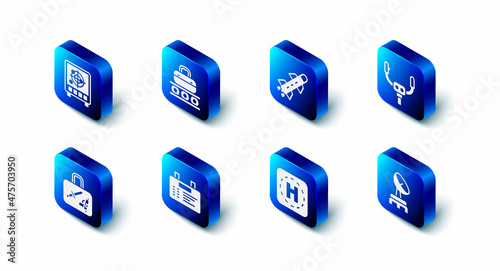 Set Conveyor belt with suitcase, Rocket, Aircraft steering helm, Radar, Helicopter landing pad, Airport board, Suitcase and targets monitor icon. Vector