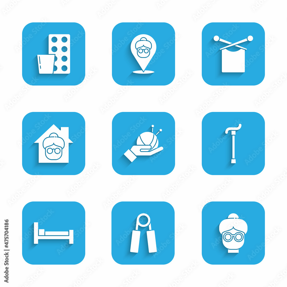 Set Yarn ball with knitting needles, Sport expander, Grandmother, Walking stick cane, Bed, Nursing home, Knitting and Pills blister pack icon. Vector Set Yarn ball with knitting needles, Sport expander, Grandmother, Walking stick cane, Bed, Nursing home, Knitting and Pills blister pack icon. Vector
