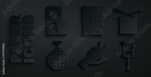 Set Yarn ball with knitting needles, Knitting, Disco, Crutch or crutches, False jaw glass and Pills blister pack icon. Vector