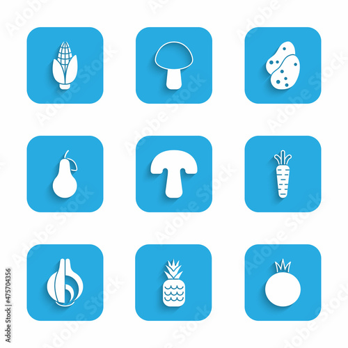 Set Mushroom, Pineapple, Tomato, Carrot, Onion, Pear, Potato and Corn icon. Vector