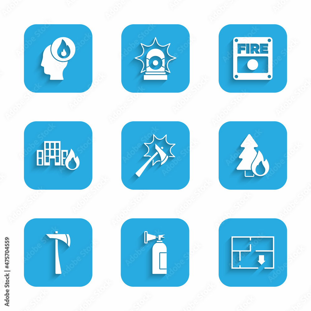 Set Firefighter axe, extinguisher, Evacuation plan, Burning forest tree, burning buildings, alarm system and icon. Vector Set Firefighter axe, extinguisher, Evacuation plan, Burning forest tree, burning buildings, alarm system and icon. Vector