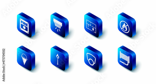 Set Smoke alarm system, Evacuation plan, No fire, Fire hose reel, Gas mask, Burning match with, cone bucket and icon. Vector