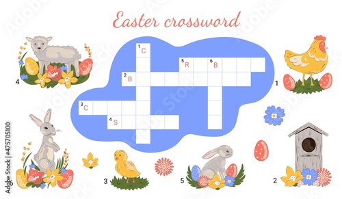 Crossword game for kids with Easter animals. Vector illustration