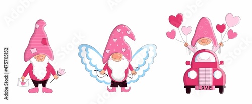 Set of Valentines Day gnome in truck and Cupid with bow and arrow. Vector holiday illustration