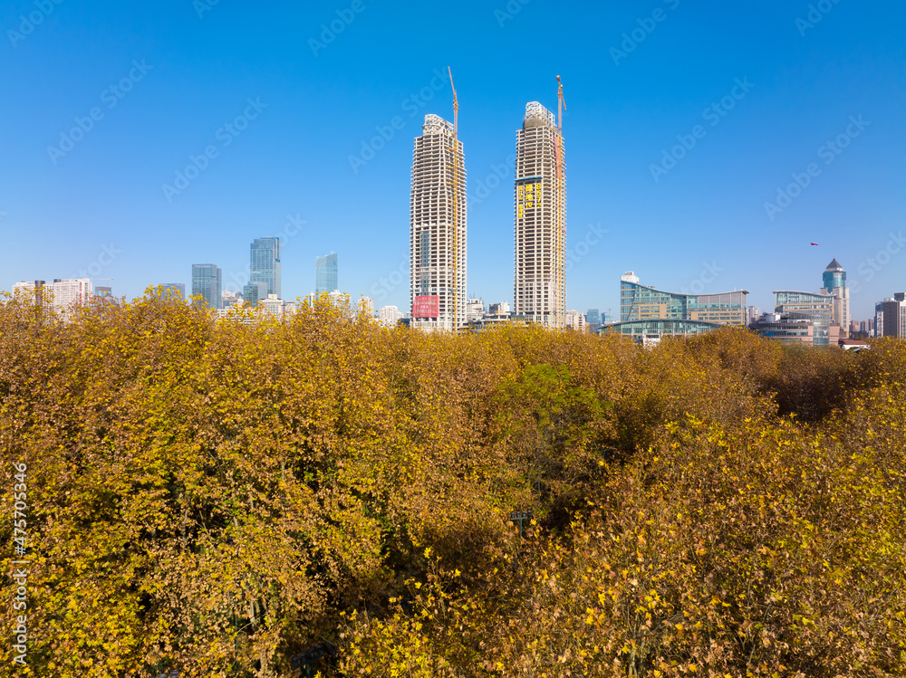 Fototapeta premium Autumn scenery of Wuhan Hanyang River Beach and Nan'anzui Park