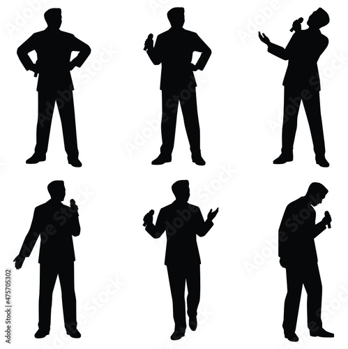 Set of talk show man with microphone in hand silhouette vector, entertainment or comedy actor on stage.