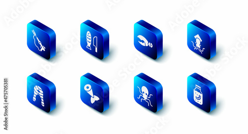 Set Fish with sliced pieces, Lobster or crab claw, Octopus, Sea cucumber in jar, tail, steak and Fishing harpoon icon. Vector