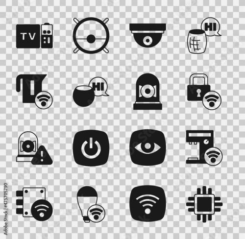 Set Processor with CPU, Smart coffee machine, Digital door lock, Motion sensor, Voice assistant, electric kettle, Multimedia and TV box receiver and Ringing alarm bell icon. Vector