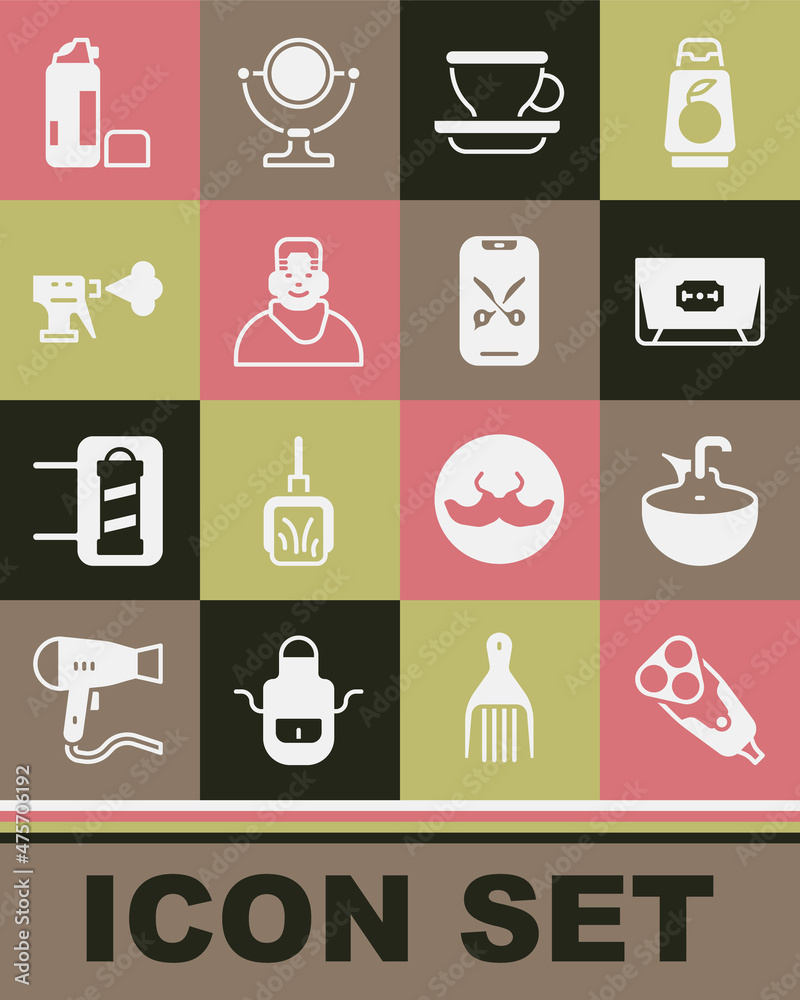 Set Electric razor blade, Washbasin, Blade, Coffee cup, Client barbershop, Hairdresser pistol spray bottle, Shaving gel foam and Barber online service platform icon. Vector Set Electric razor blade, Washbasin, Blade, Coffee cup, Client barbershop, Hairdresser pistol spray bottle, Shaving gel foam and Barber online service platform icon. Vector