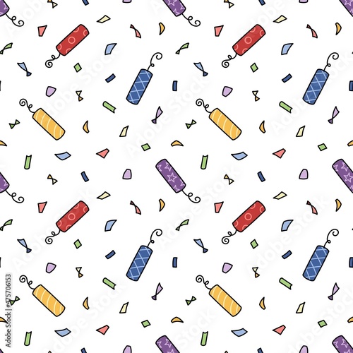 Seamless vector pattern with colorful flying confetti. Cute party or celebration event texture. Fun hand drawn background for wrapping paper, card, textile, print, gift, fabric, wallpaper, packaging.