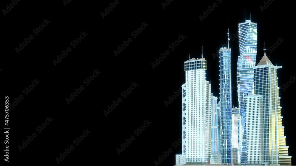 city buildings with highlighted mesh wireframe on black, isolated, fictitious design - object 3D rendering