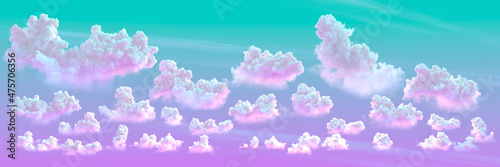 pink and green panorama of cumulus clouds backdrop . computer generated nature 3D illustration