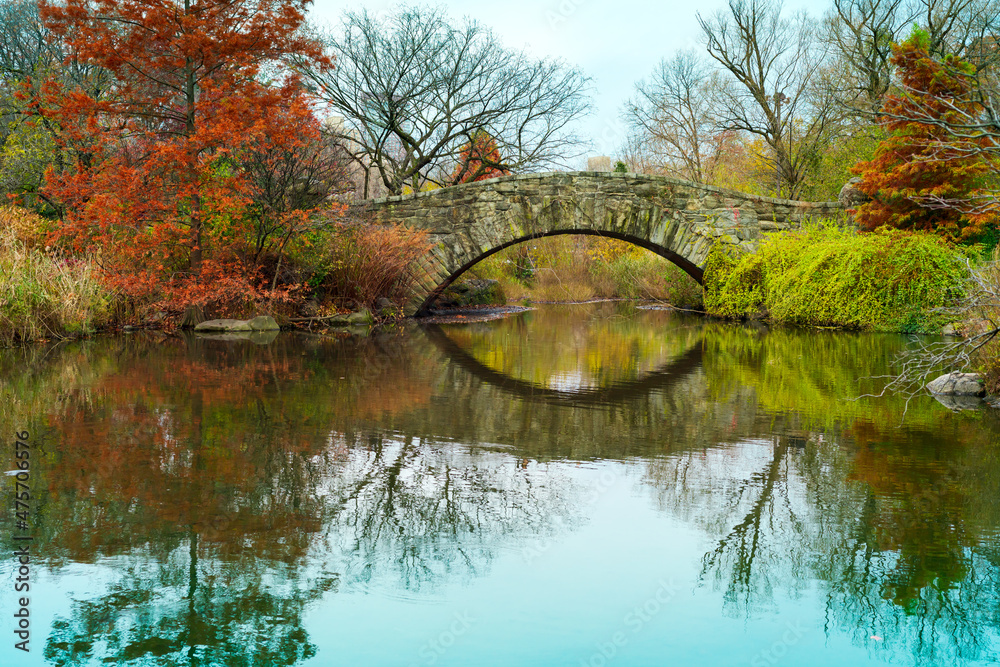 Central Park pond and  Gapstow bridge iin winter. New York. USA