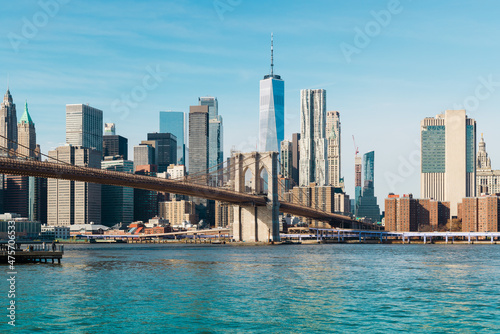 New York city Lower Manhattan skyline and Brooklyn bridge panorama © maglara