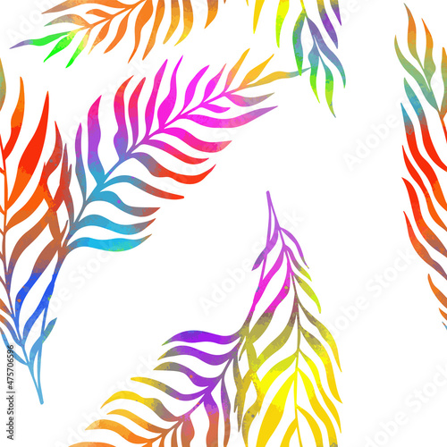 Seamless background of multicolored palm leaves. Vector illustration