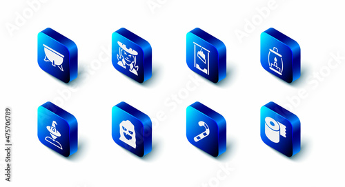 Set Witch, Guillotine, Camping lantern, Toilet paper roll, Christmas candy cane, Funny scary ghost mask, and Halloween witch cauldron icon. Vector