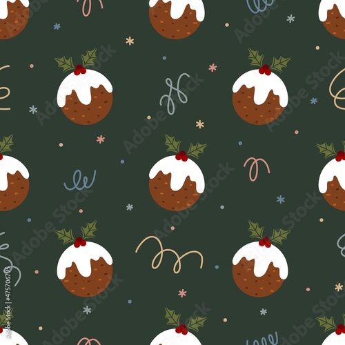 Seamless vector pattern with cute Christmas pudding and confetti. Winter season dessert theme hand drawn background for packaging, wrapping paper, print, card, gift, fabric, textile, wallpaper.