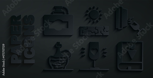 Set Wine glass, tasting, degustation, italian fiasco bottle, Book about grapes, Drought and Cardboard box of wine icon. Vector
