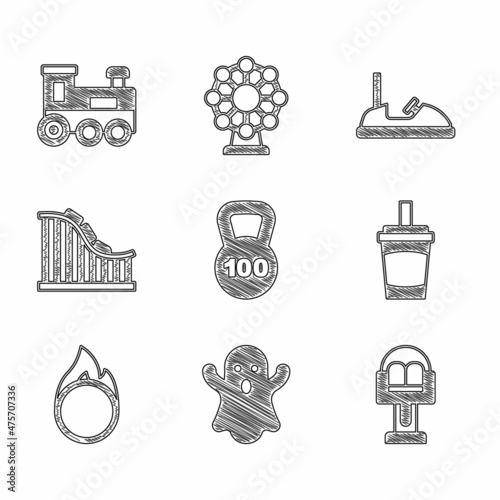 Set Weight, Ghost, Attraction carousel, Paper glass with water, Circus fire hoop, Roller coaster, Bumper and Toy train icon. Vector