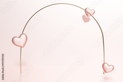 3d render of pink valentine heart with gold arch frame on a pastel pink background