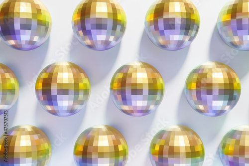 Fototapeta Naklejka Na Ścianę i Meble -  3d render of festive shiny dico balls pattern on a white background