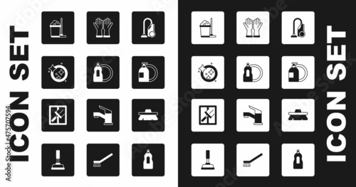 Set Vacuum cleaner, Dishwashing liquid bottle, Washing dishes, Mop and bucket, Rubber gloves, Brush for cleaning and windows icon. Vector