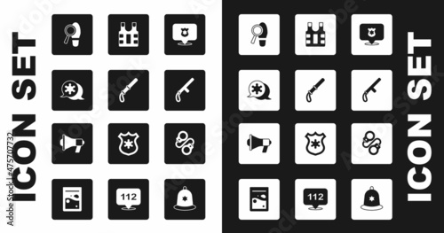 Set Police badge, rubber baton, Hexagram sheriff, Footsteps, Bulletproof vest, Handcuffs and Megaphone icon. Vector