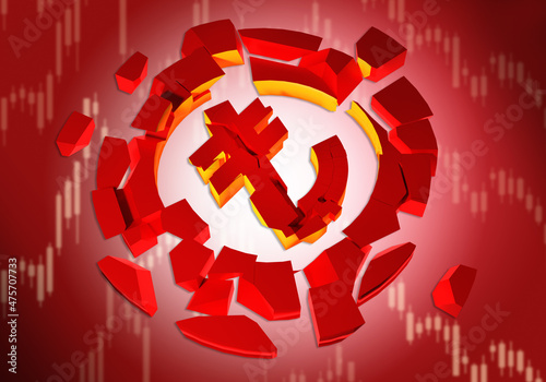 Lira devaluation concept. Turkish currency exchange rate drop. Scraps of Turkish currency on red background. Devaluation of lira triggered crisis in Turkey. Financial depression in Turkey. 3d image. photo
