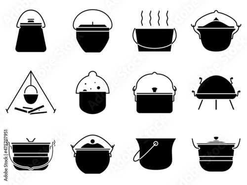 Food outside, dishes for the tourist. A pot for camping. Cookware for cooking on a campfire. Set of vector icons, glyph, isolated