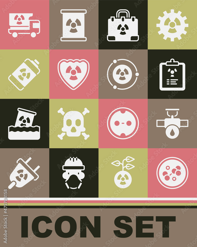 Set Molecule, Industry pipe and valve, Radiation warning document, nuclear suitcase, Radioactive shield, Nuclear energy battery, Truck with radiation materials and icon. Vector