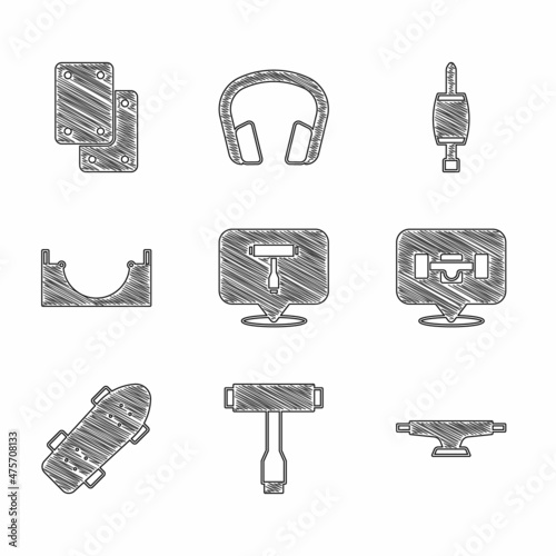 Set Skateboard T tool, wheel, park, Screwdriver and Knee pads icon. Vector