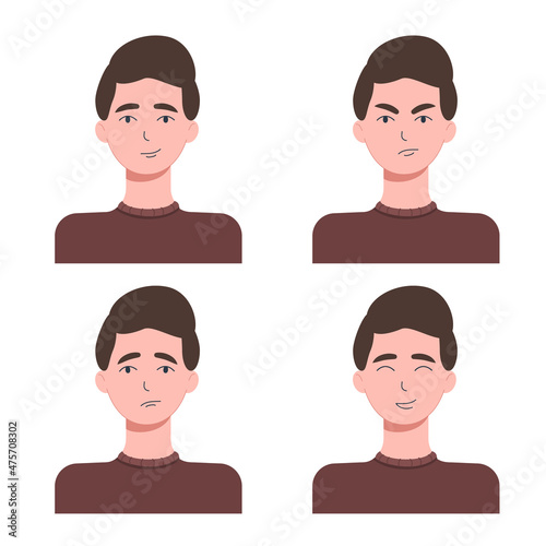 Portrait of a guy with different emotions. Set of flat illustrations. Calm face, happy, angry, sad. The guy expresses emotions. Vector illustration