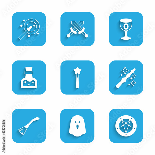 Set Magic wand, Ghost, Pentagram in circle, Witches broom, Bottle with potion, Medieval goblet and icon. Vector
