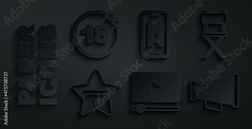 Set Online play video, Director movie chair, Walk of fame star, Megaphone, Buy cinema ticket online and Plus 18 icon. Vector