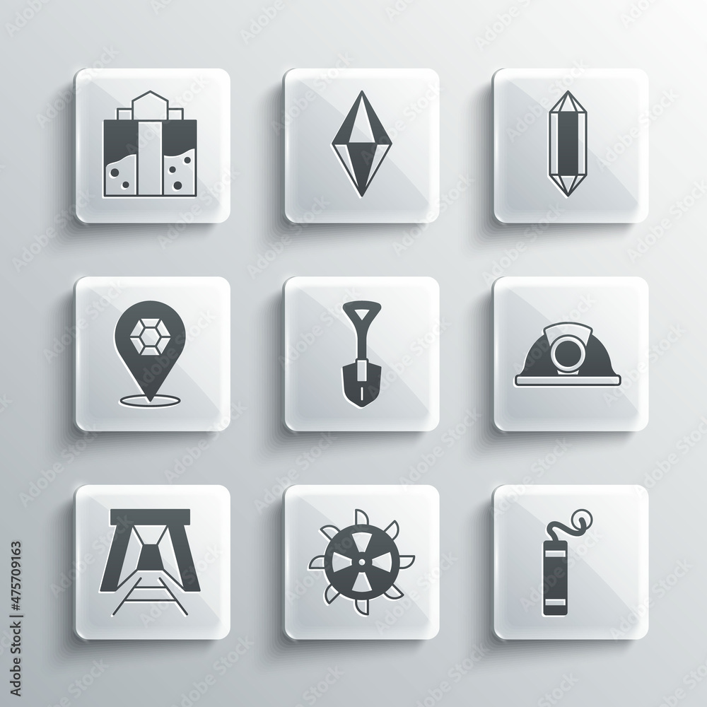 Set Bucket wheel excavator, Dynamite, Miner helmet, Shovel, entrance, Gem stone, and icon. Vector Set Bucket wheel excavator, Dynamite, Miner helmet, Shovel, entrance, Gem stone, and icon. Vector