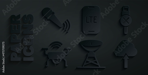Set Satellite dish, No usb cable cord, Smart drone system, Cloud upload, LTE network and Wireless microphone icon. Vector