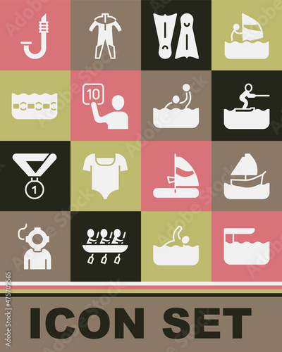 Set Diving board or springboard, Yacht sailboat, Water skiing man, Flippers for swimming, Assessment of judges, Swimming pool, Snorkel and polo icon. Vector
