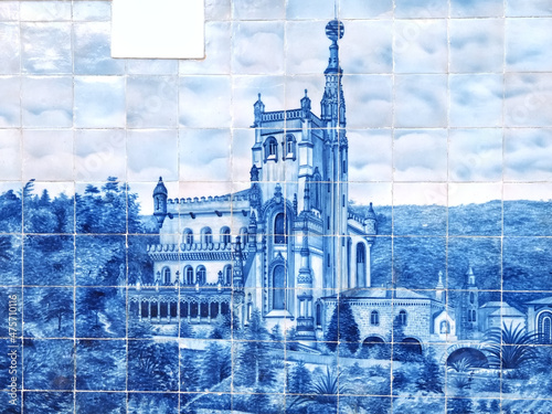 Tiles or Azulejos form a historic motive on the outide facade of Aveiro railway station in Portugal