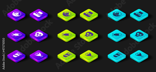 Set Quiver with arrows, Chicken leg, Fish, Skull, Viking ship Drakkar and Sea and waves icon. Vector