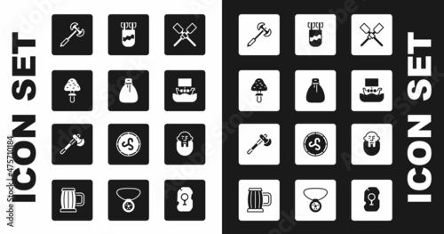 Set Oars or paddles boat, Old money bag, Mushroom, Medieval poleaxe, Viking ship Drakkar, Quiver with arrows, head and Wooden icon. Vector