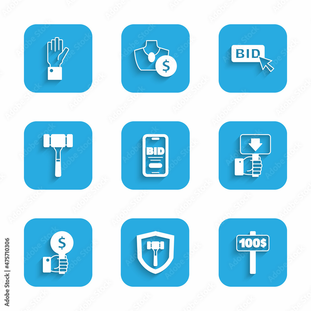 Set Online auction, Auction hammer, Hand holding paddle, Bid and icon. Vector Set Online auction, Auction hammer, Hand holding paddle, Bid and icon. Vector