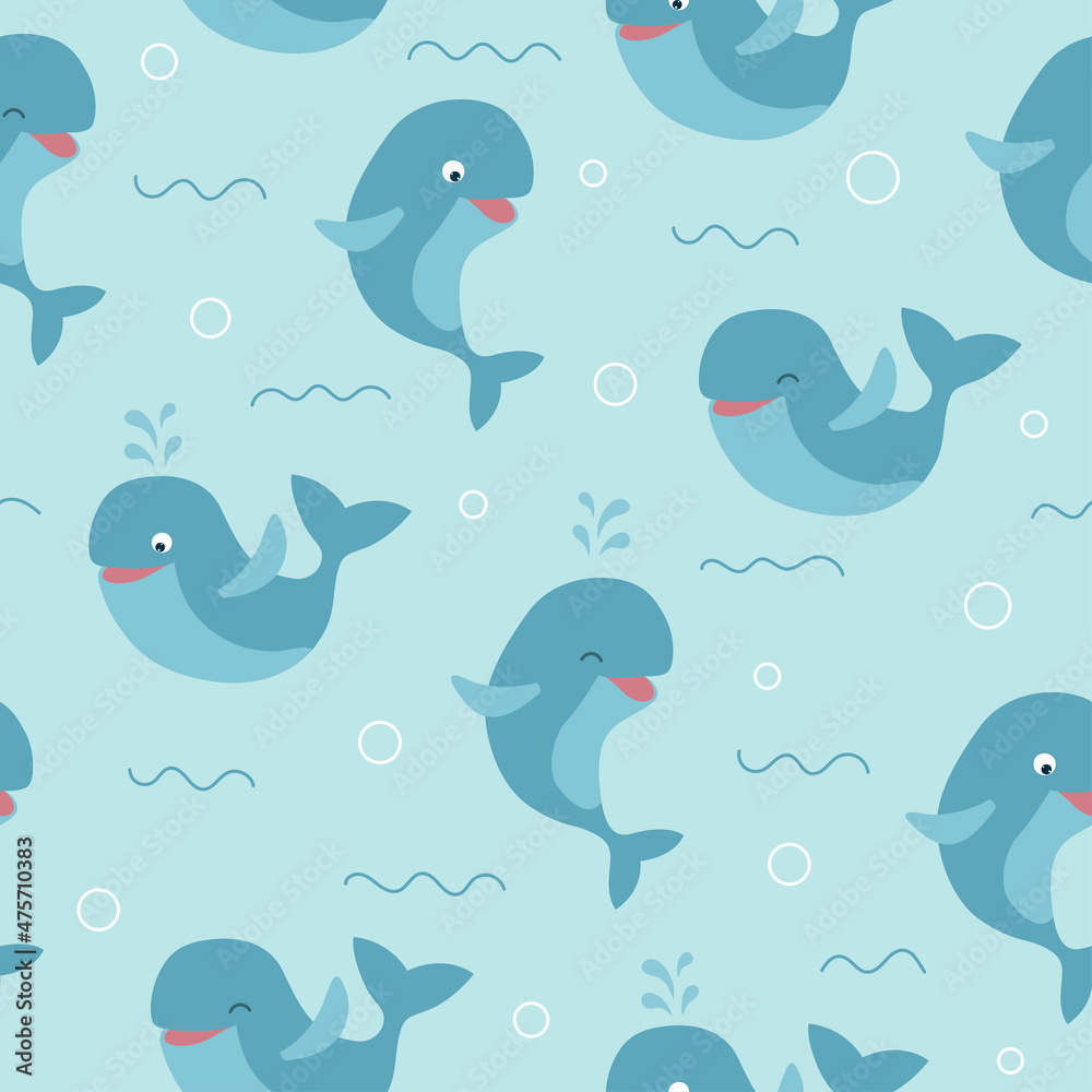 Seamless pattern of cute whales with waves on blue background. Seamless pattern of cute whales with waves on blue background.