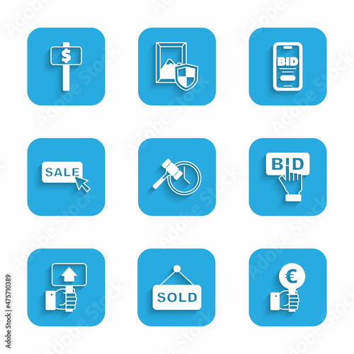 Set Auction hammer, sold, Hand holding auction paddle, Bid, Price tag with Sale, Online and icon. Vector