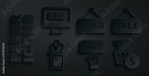 Set Price tag with Sale, Auction jewelry sale, ancient vase, sold and Online auction icon. Vector