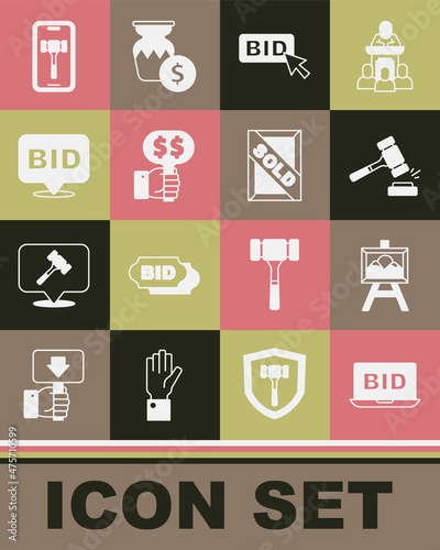 Set Online auction, Auction painting, hammer, Bid, Hand holding paddle, and sold icon. Vector