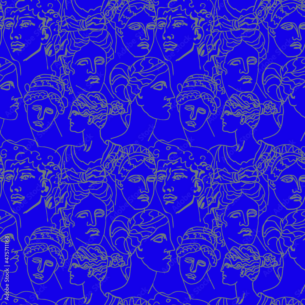 Seamless vector pattern with gray Greek illustrations on purple Very Peri background. Trendy, floral hand drawn line style print.Design for textiles, fabric, wrapping paper, packaging, scrapbook paper Seamless vector pattern with gray Greek illustrations on purple Very Peri background. Trendy, floral hand drawn line style print.Design for textiles, fabric, wrapping paper, packaging, scrapbook paper