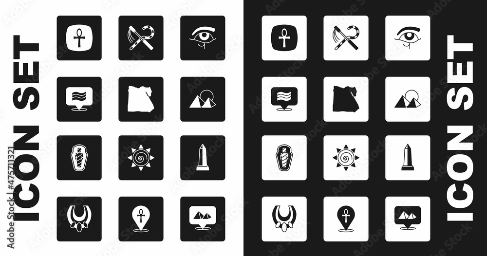 Set Eye of Horus, Map Egypt, Flag Of, Cross ankh, pyramids, Crook and flail, Obelisk Alexandria and mummy in sarcophagus icon. Vector Set Eye of Horus, Map Egypt, Flag Of, Cross ankh, pyramids, Crook and flail, Obelisk Alexandria and mummy in sarcophagus icon. Vector